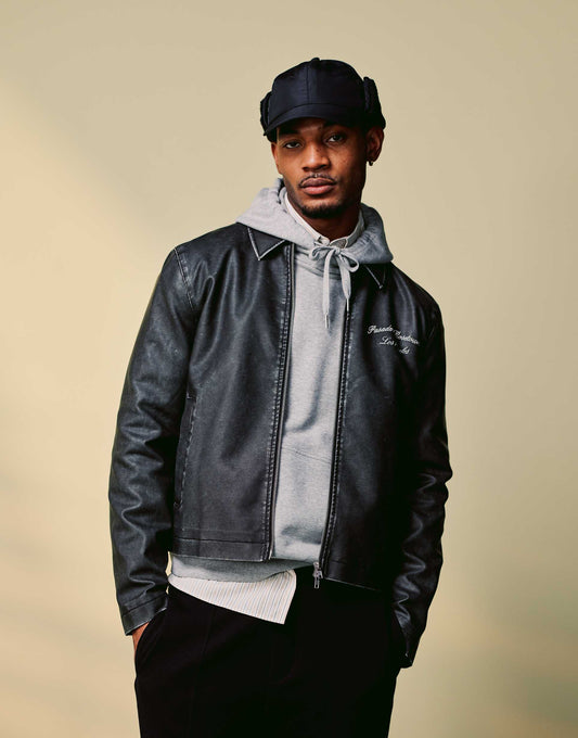 Faux Leather Embroidered Harrington Jacket