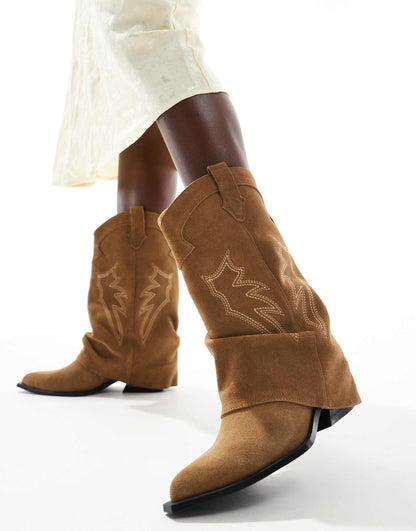 Real Suede Heeled Fold Over Western Boot