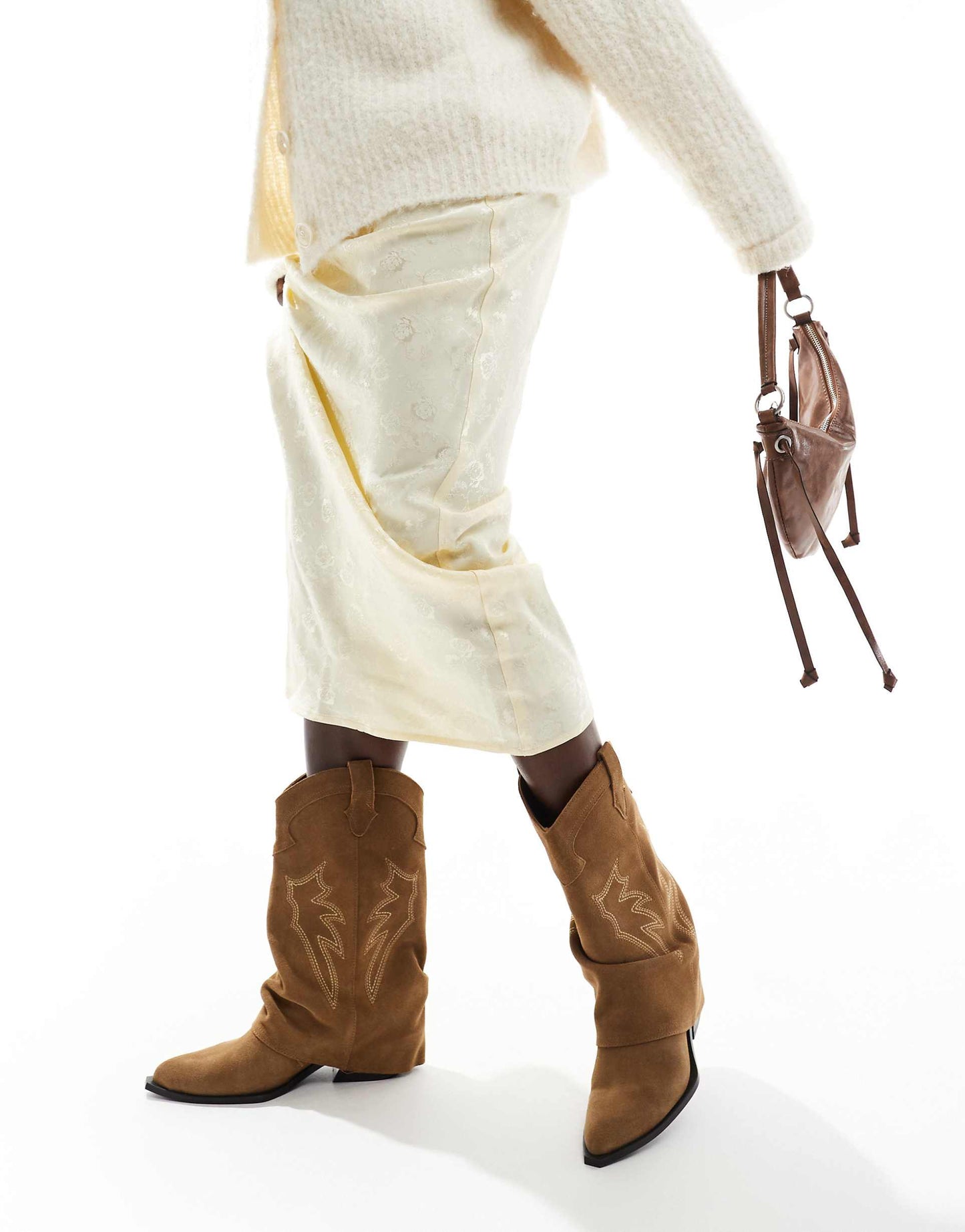Real Suede Heeled Fold Over Western Boot