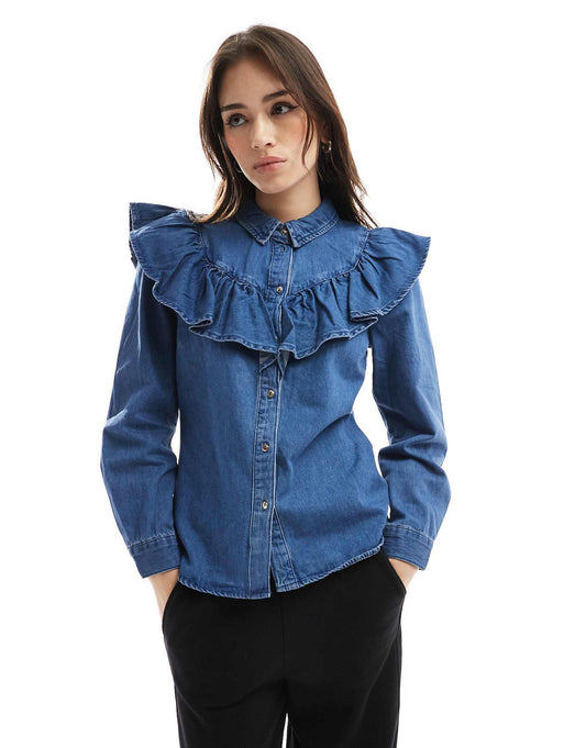 Long Sleeve Frill Denim Shirt