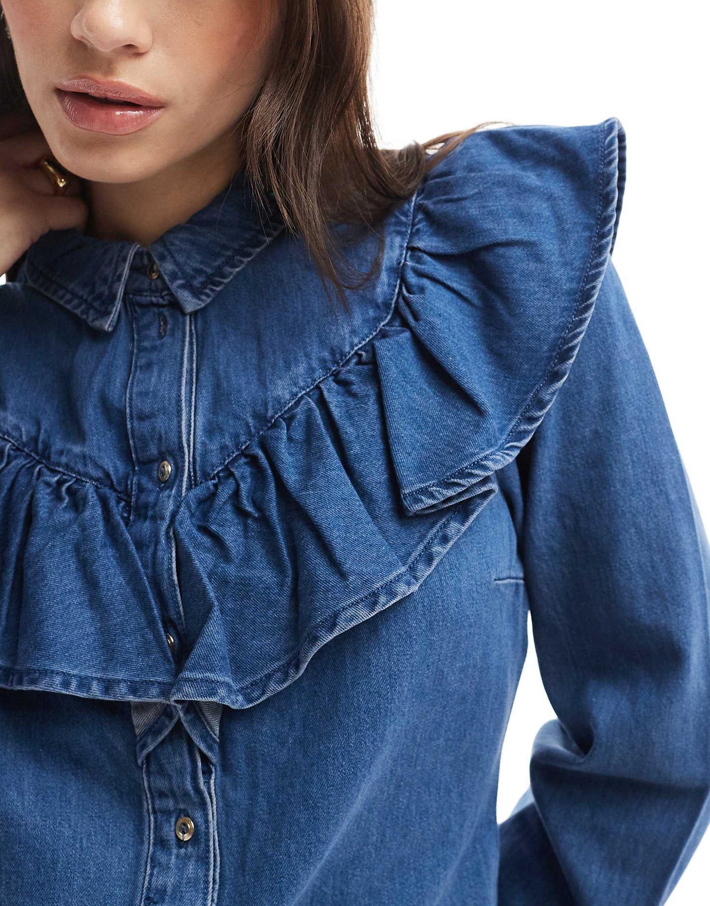 Long Sleeve Frill Denim Shirt