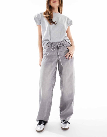 Gianna Mid Waist Baggy Jeans With Tie Waist