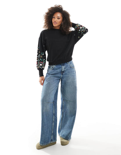 Crew Neck Jumper With Floral Sleeve Detail