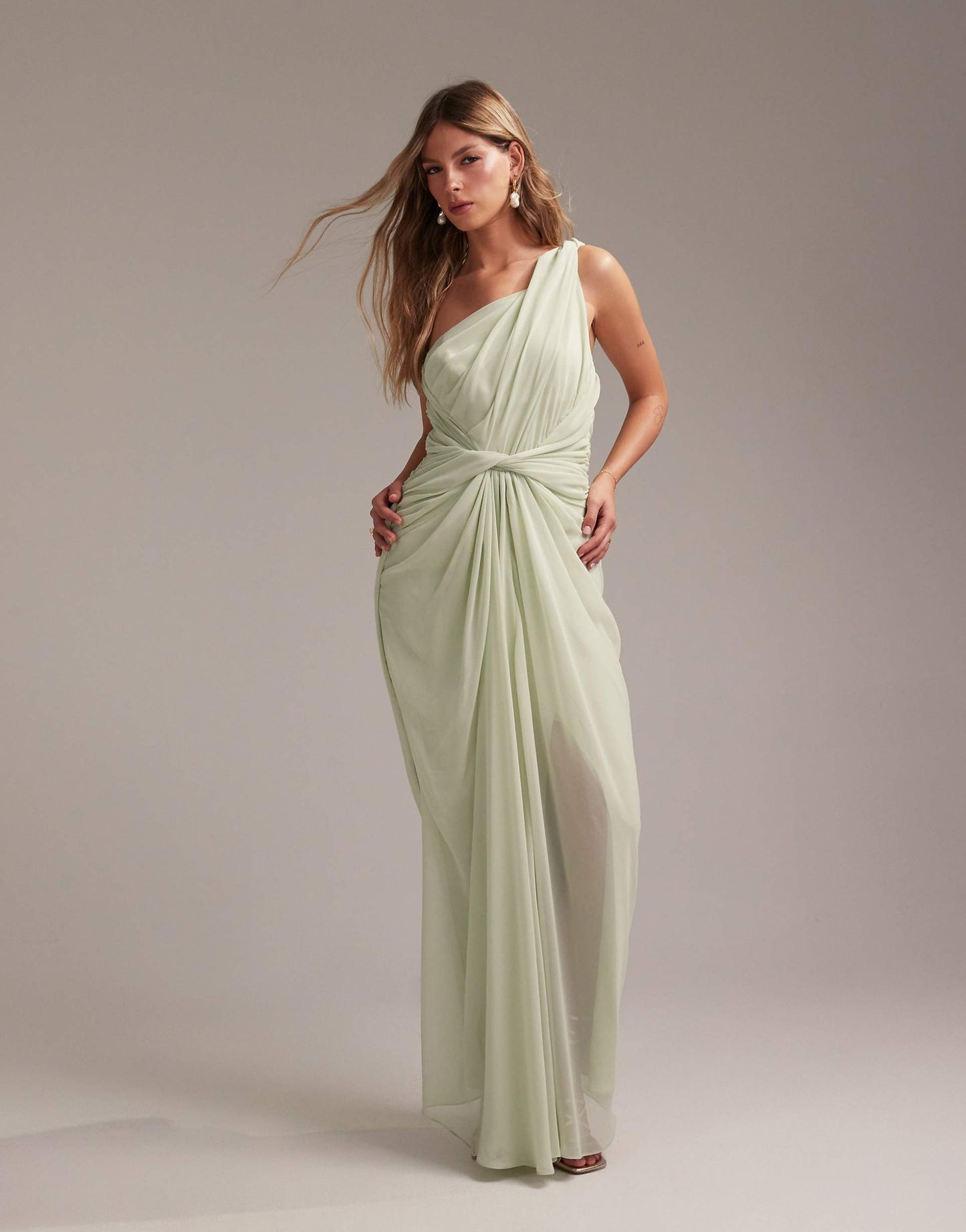 Bridesmaids One Shoulder Draped Twist Detail Midaxi Dress