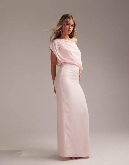 Bridesmaids Crepe One Shoulder Draped Maxi Dress