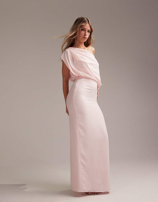 Bridesmaids Crepe One Shoulder Draped Maxi Dress