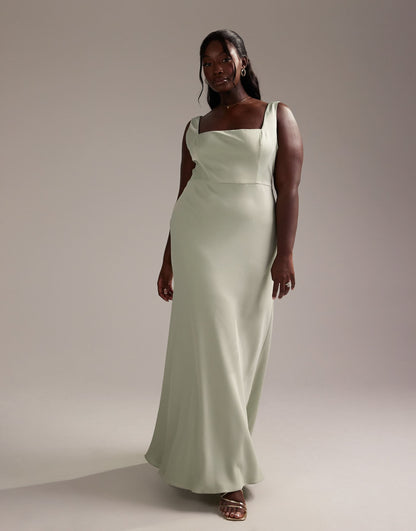 Curve Bridesmaid Satin Square Neck Maxi Dress