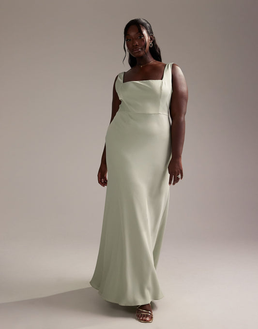 Curve Bridesmaid Satin Square Neck Maxi Dress