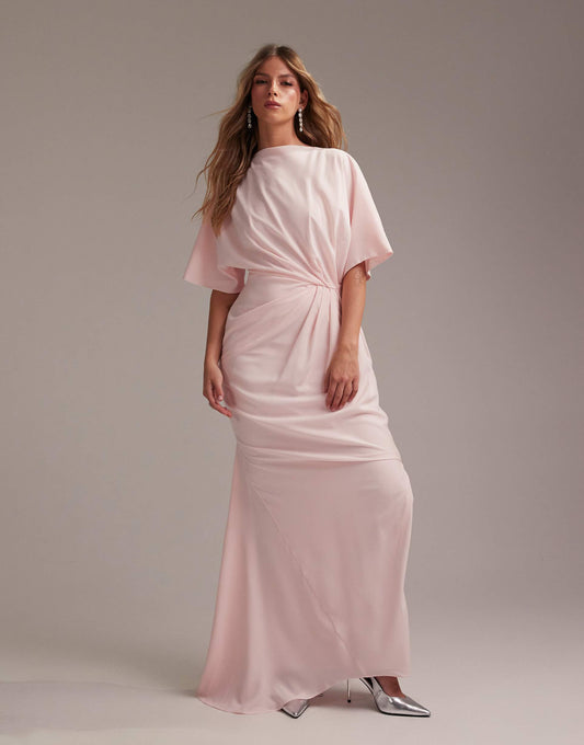 Bridesmaids Slash Neck Crepe T-Shirt Sleeve Minimal Drape Maxi Dress