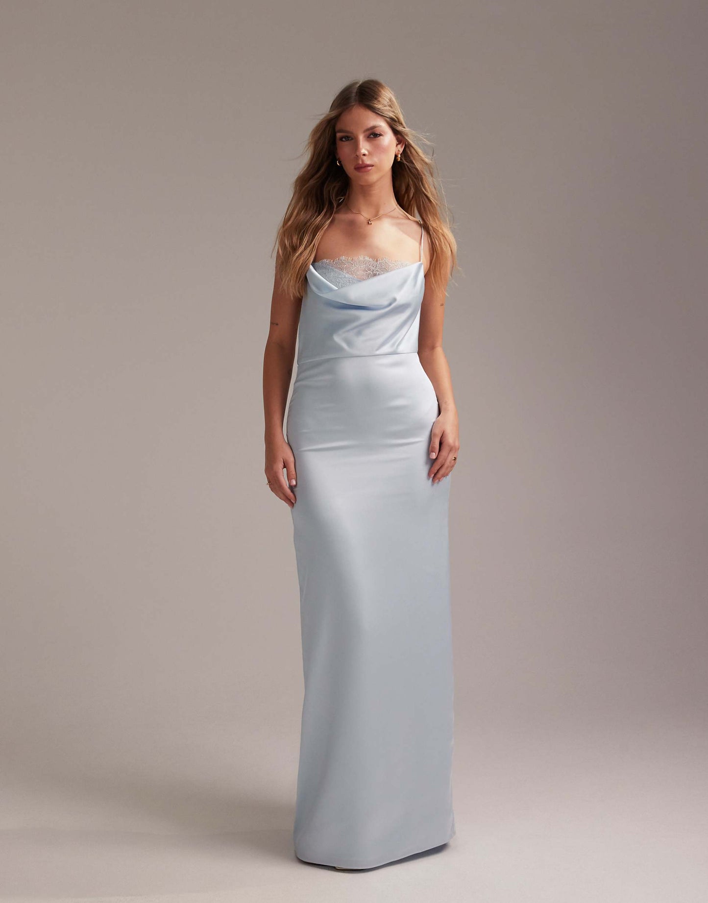 Bridesmaids Lace Detail Column Satin Maxi Dress