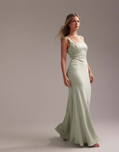 Bridesmaid Satin Square Neck Maxi Dress