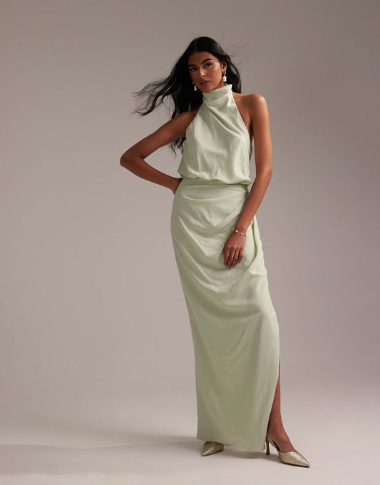 Draped Halter Column Crepe Maxi Dress