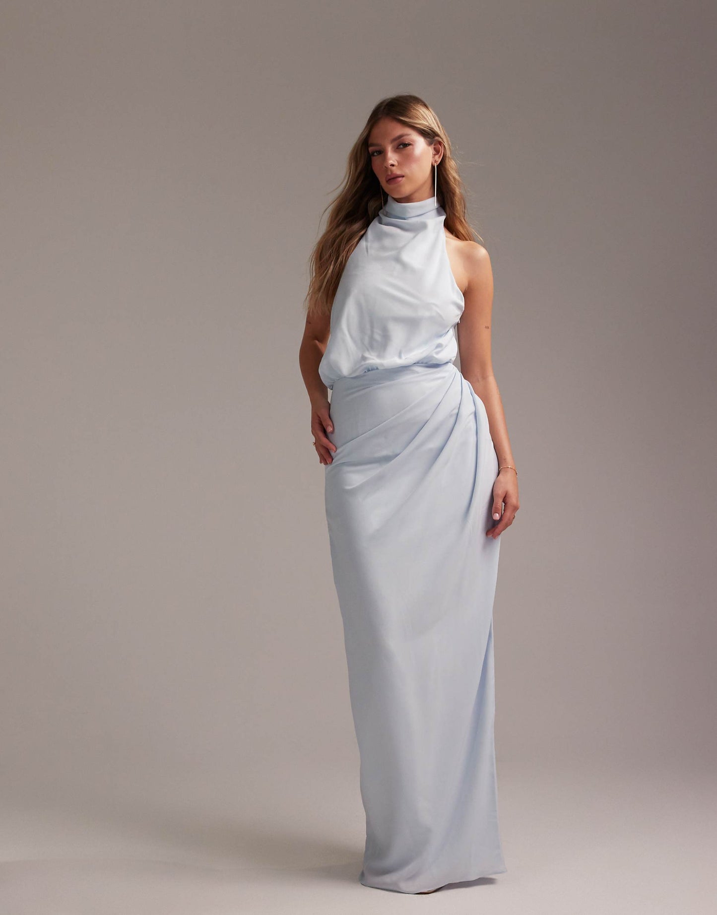 Draped Halter Column Crepe Maxi Dress