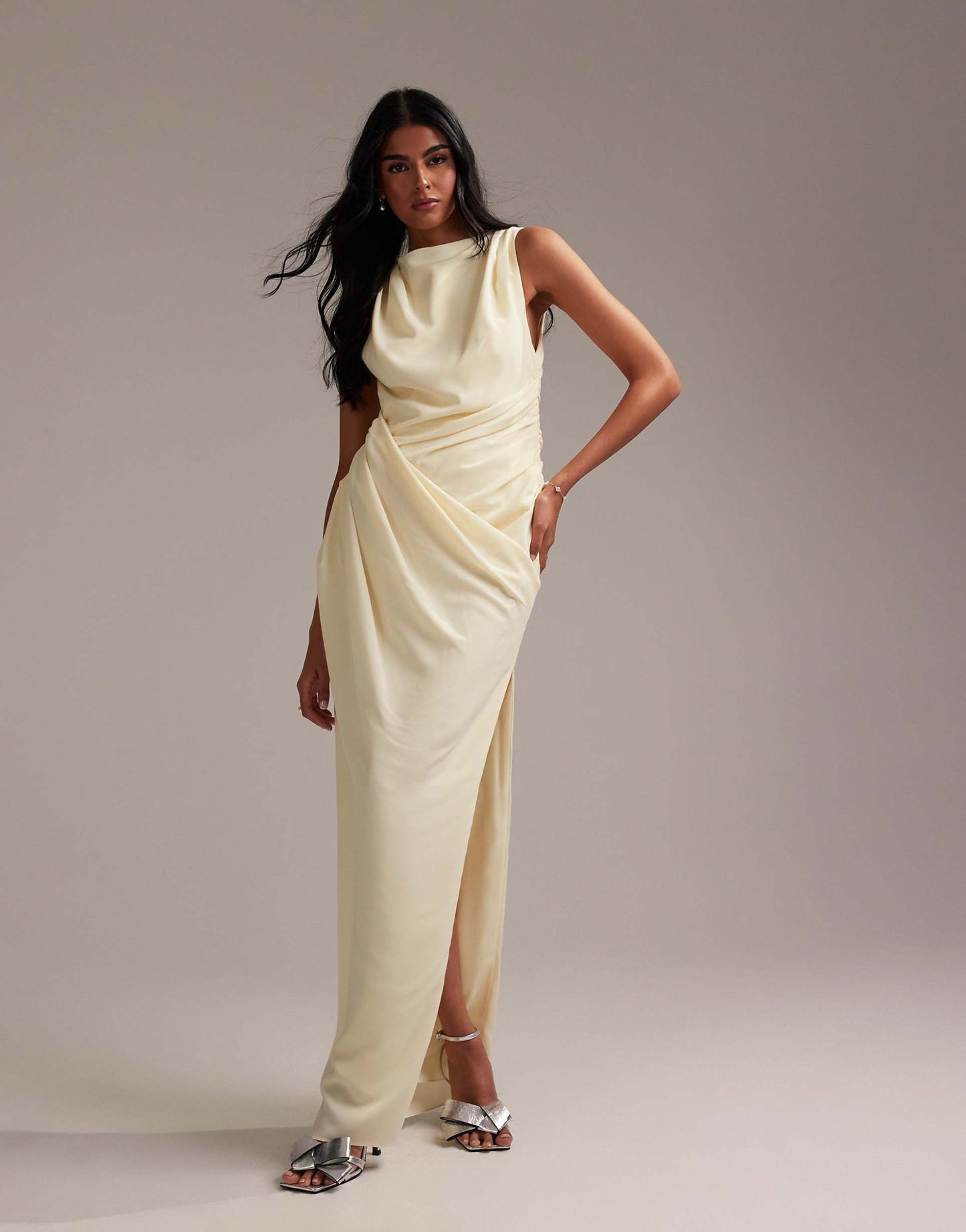 Bridesmaids Draped Overlay Crepe Maxi Dress