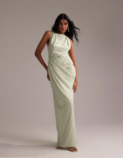 Bridesmaids Draped Overlay Crepe Maxi Dress