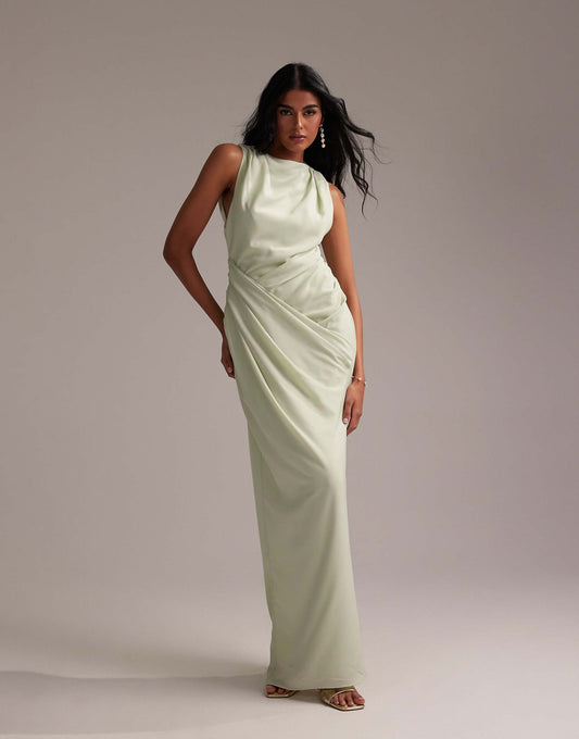 Bridesmaids Draped Overlay Crepe Maxi Dress