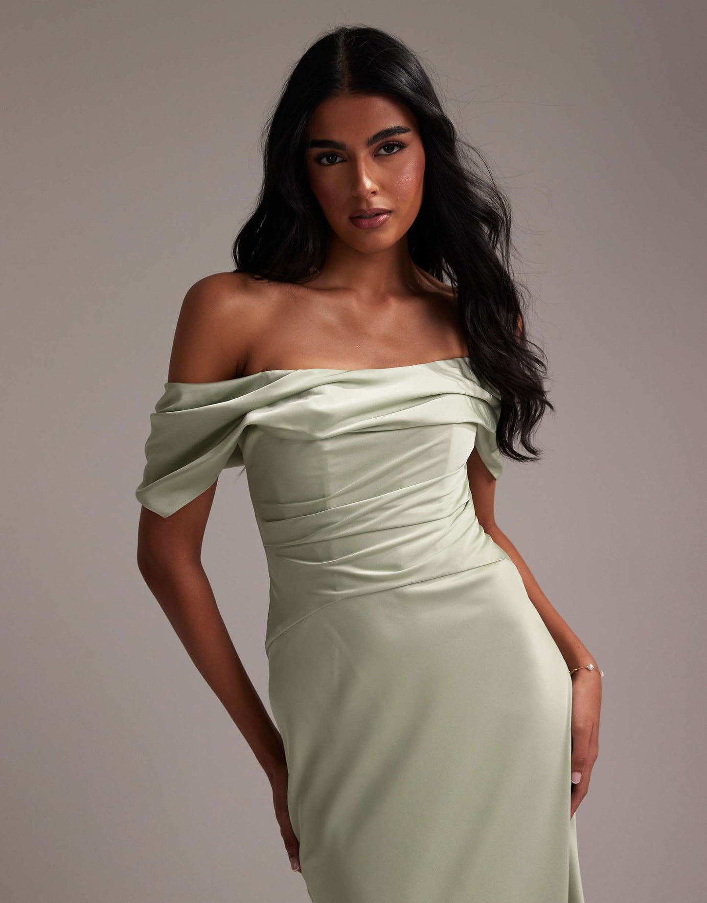 Bridesmaids Bardot Satin Maxi Dress