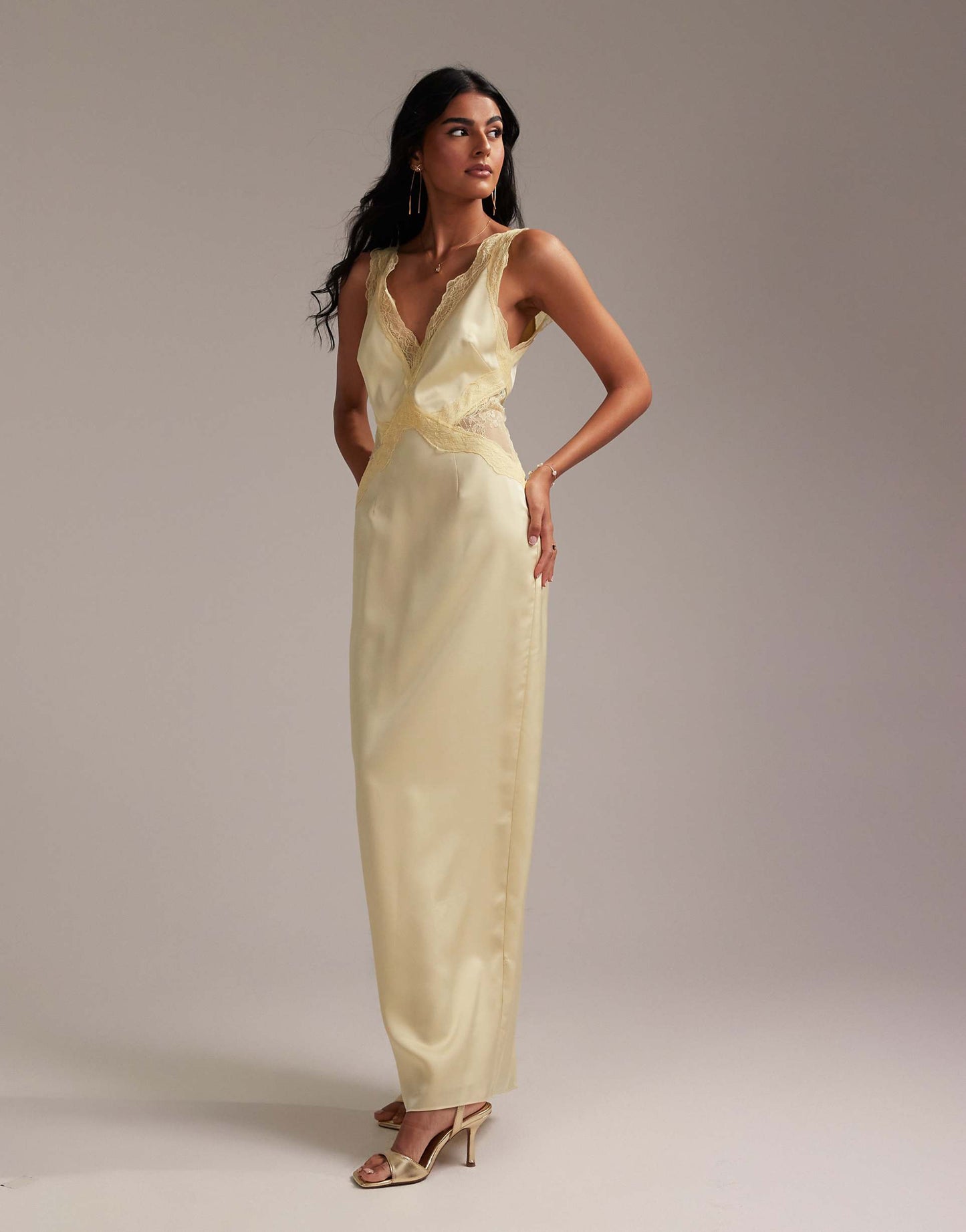 Bridesmaids Plunge Neck Lace Detail Satin Column Maxi Dress