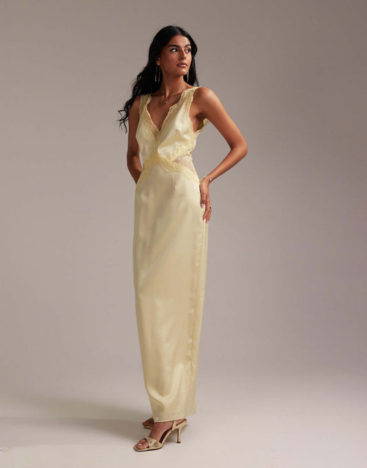 Bridesmaids Plunge Neck Lace Detail Satin Column Maxi Dress