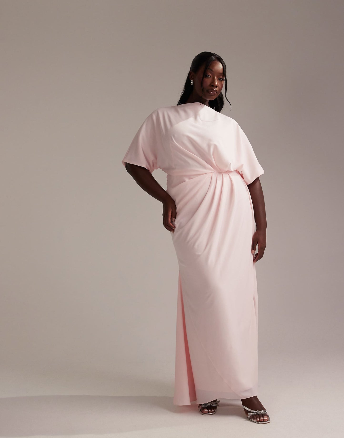 Curve Bridesmaids Slash Neck Crepe T-Shirt Sleeve Minimal Drape Maxi Dress