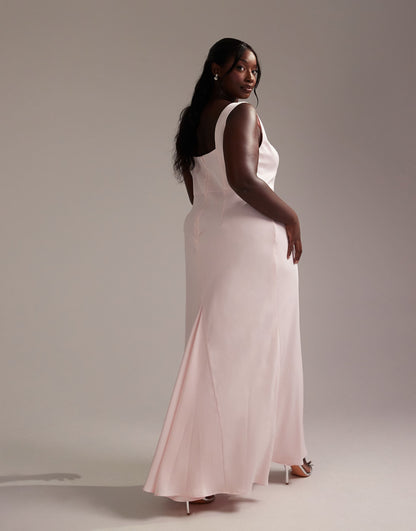 Curve Bridesmaid Satin Square Neck Maxi Dress