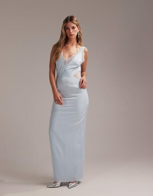 Bridesmaids Plunge Neck Lace Detail Satin Column Maxi Dress