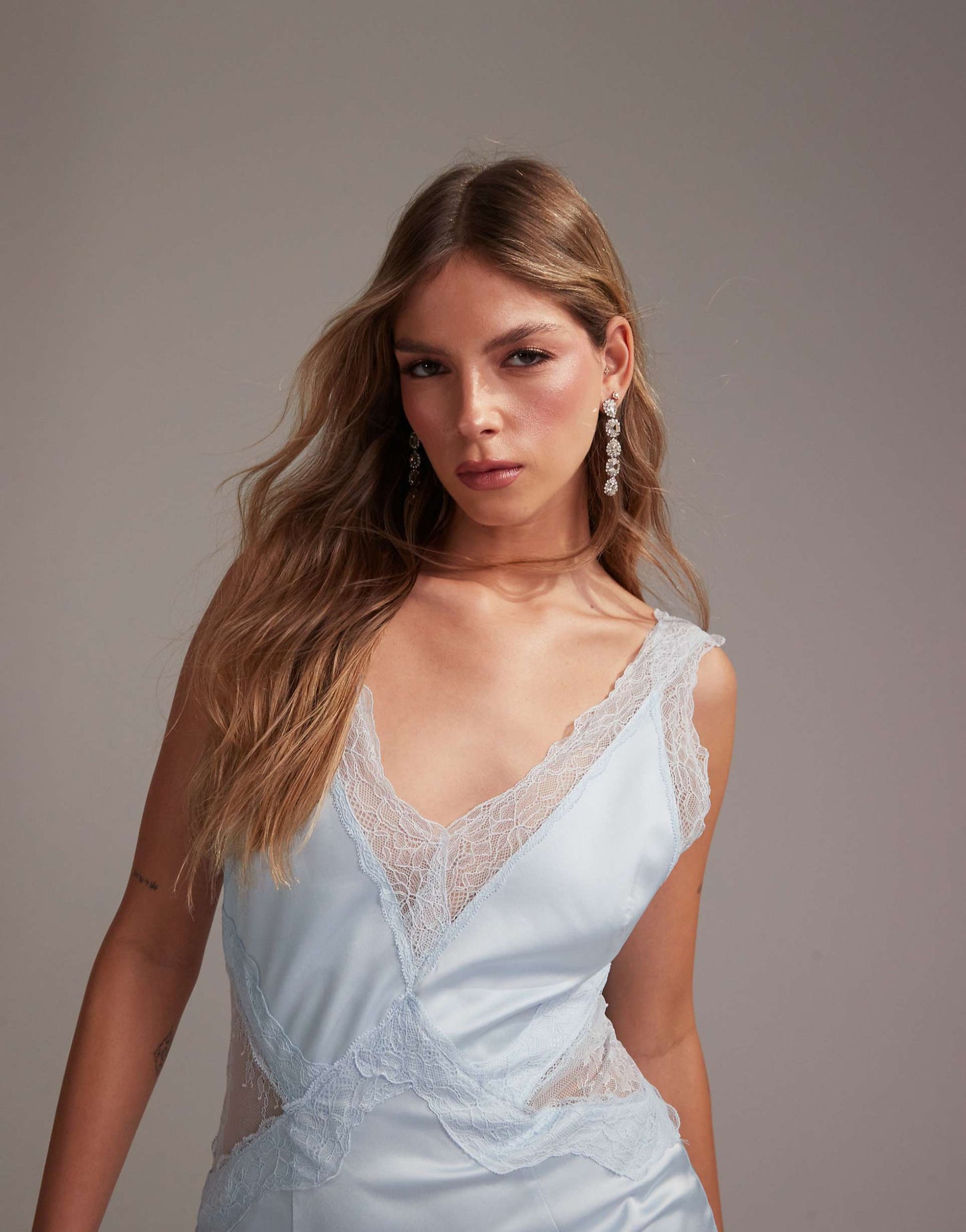 Bridesmaids Plunge Neck Lace Detail Satin Column Maxi Dress