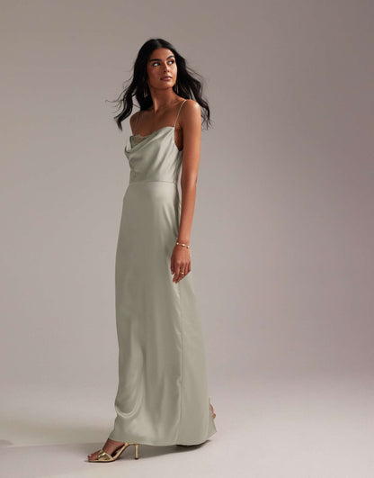 Bridesmaids Lace Detail Column Satin Maxi Dress