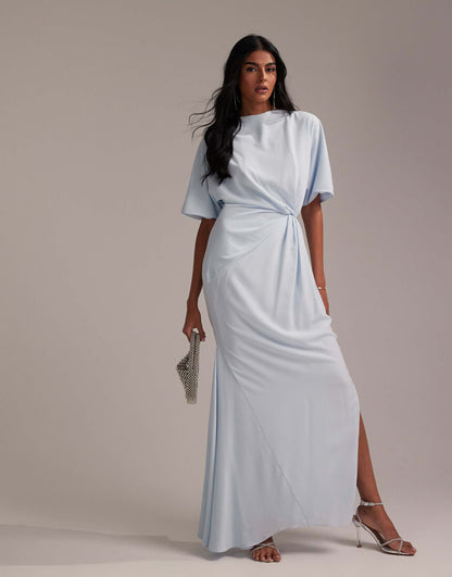 Bridesmaids Slash Neck Crepe T-Shirt Sleeve Minimal Drape Maxi Dress