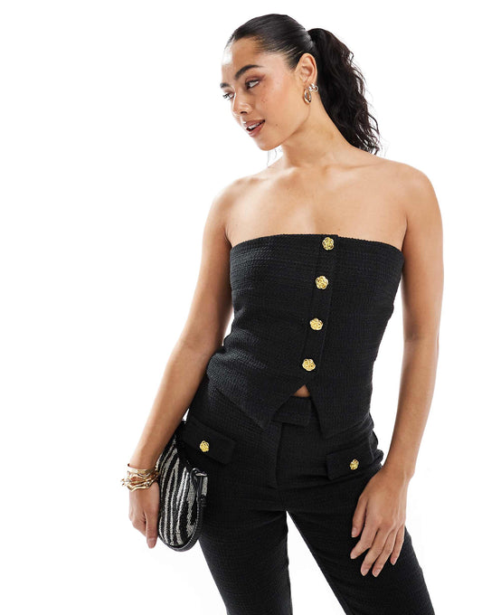 Exclusive Tailored Boucle Bandeau Split Front Gold Flower Button Detail Top Co-Ord