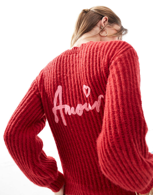 Exclusive Volume Sleeve Amour Embroidered Heart Button Cardigan
