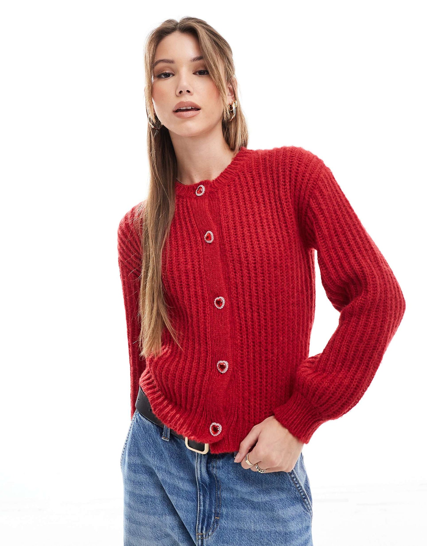 Exclusive Volume Sleeve Amour Embroidered Heart Button Cardigan