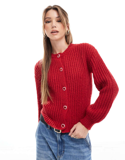 Exclusive Volume Sleeve Amour Embroidered Heart Button Cardigan