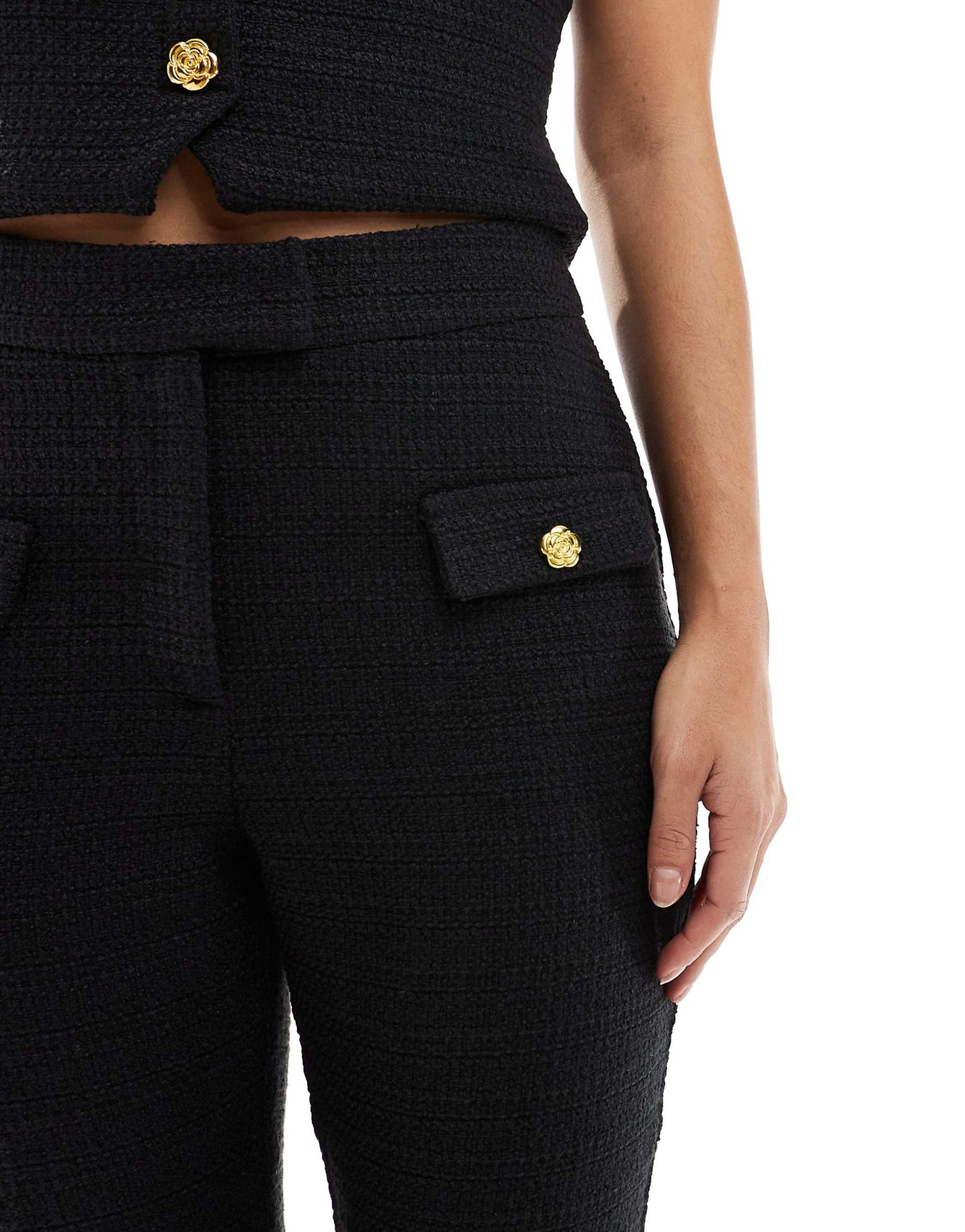 Exclusive Tailored Boucle Flower Button Detail Flared Trousers Co-Ord