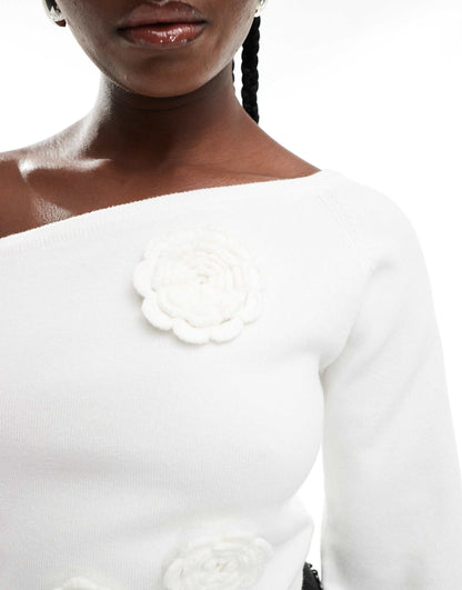 Exclusive Slouchy Off Shoulder Flower Detail Jumper