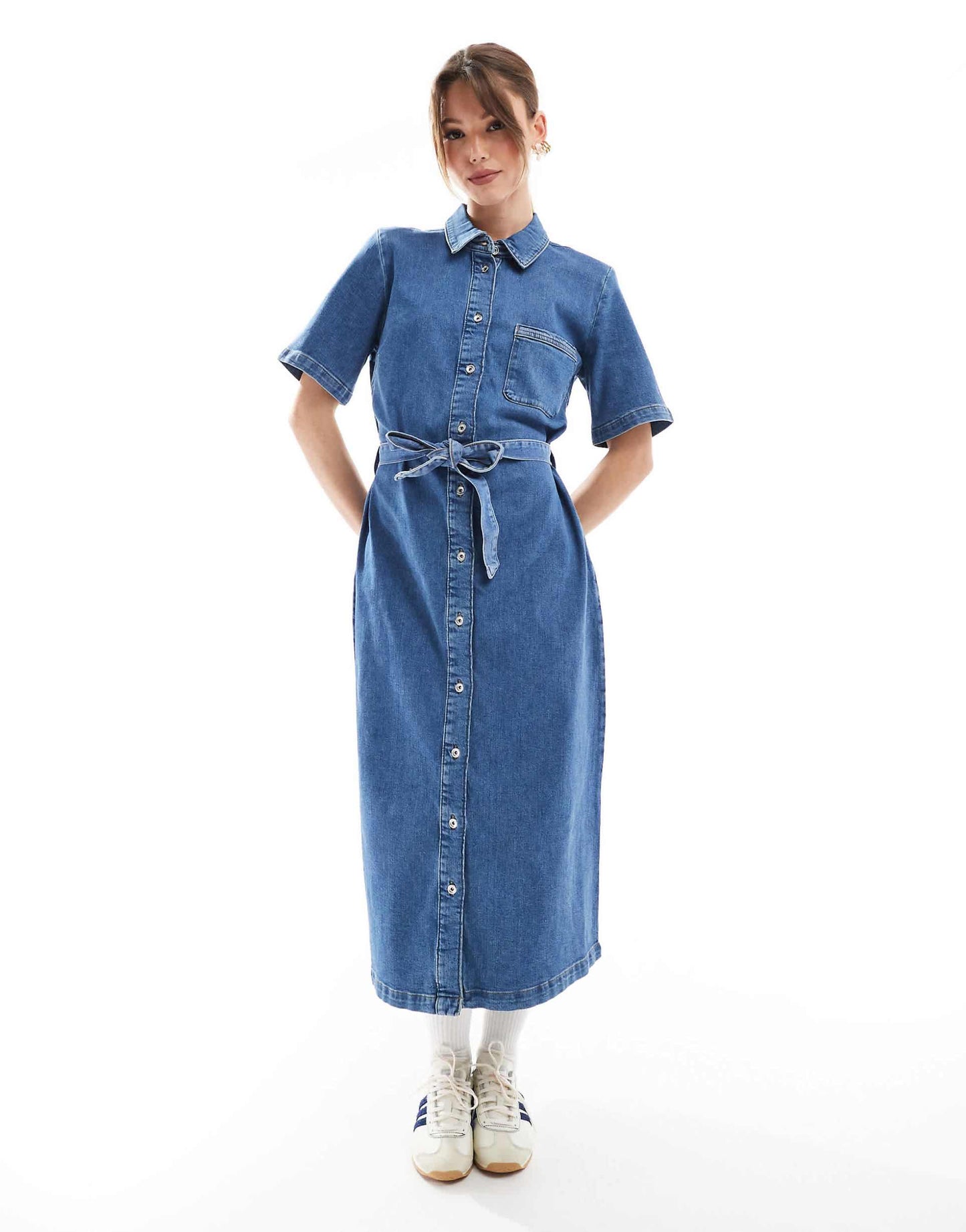 Tie Waist Denim Midi Dress