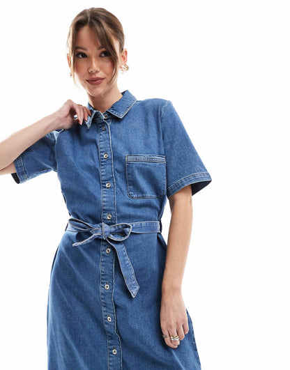 Tie Waist Denim Midi Dress