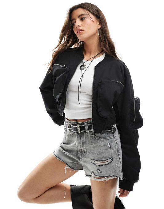Cropped Bomber Jacket With Pocket Detail