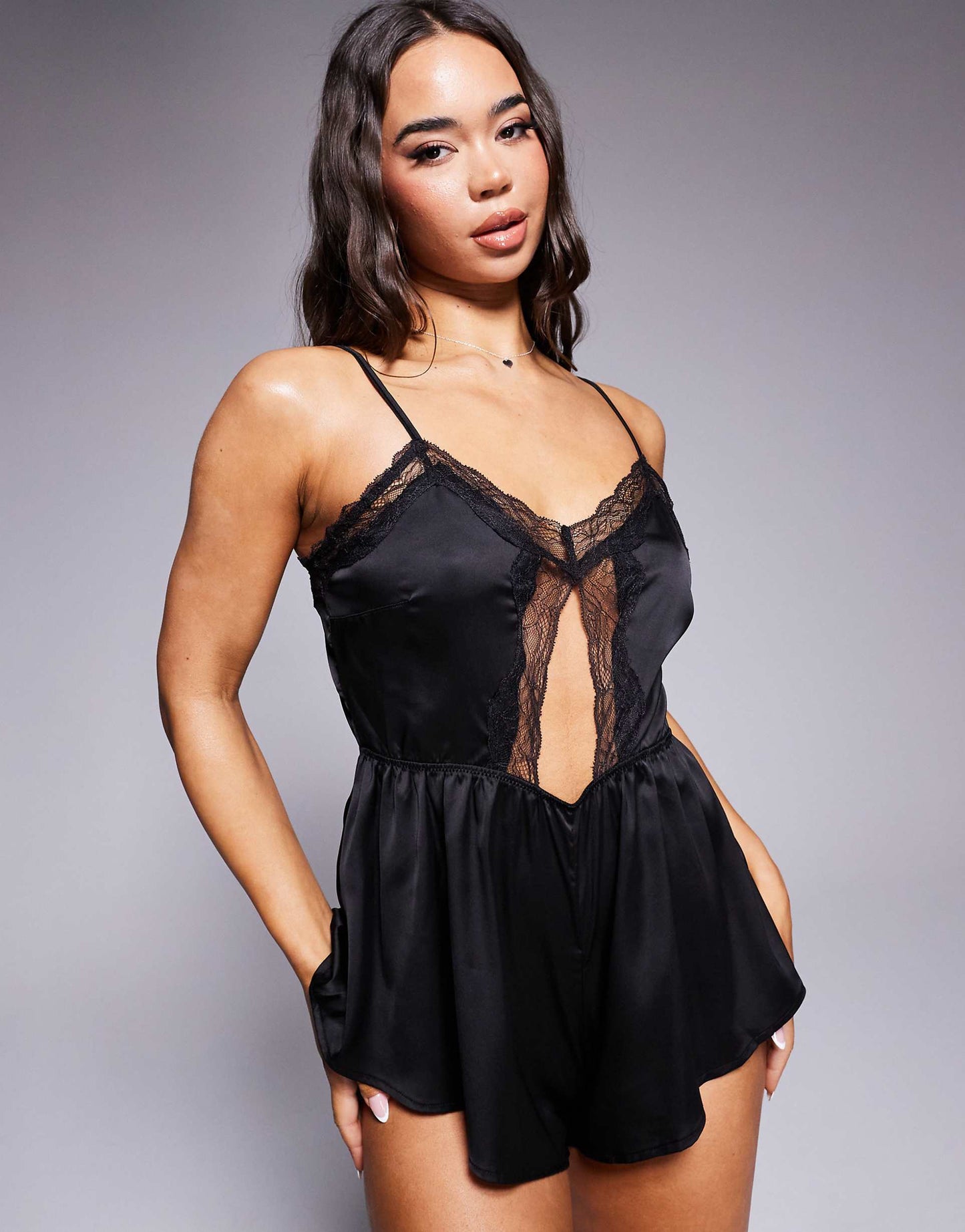 Satin Romper With Lace Detail