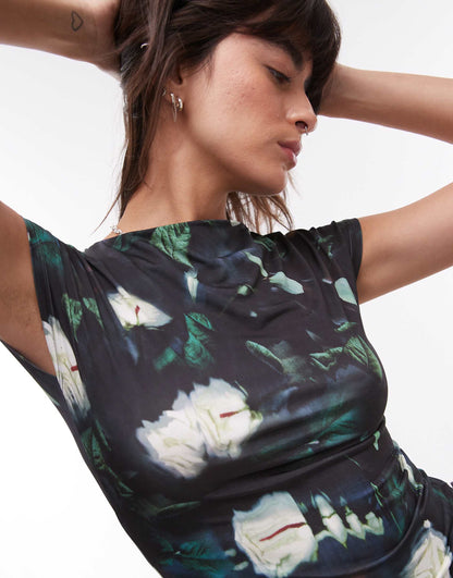 Microfibre Abstract Smudge Floral Cap Sleeve