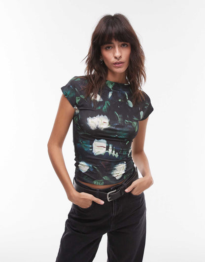Microfibre Abstract Smudge Floral Cap Sleeve