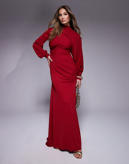 Premium High Neck Maxi Dress With Drape Sleeves