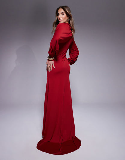Premium High Neck Maxi Dress With Drape Sleeves
