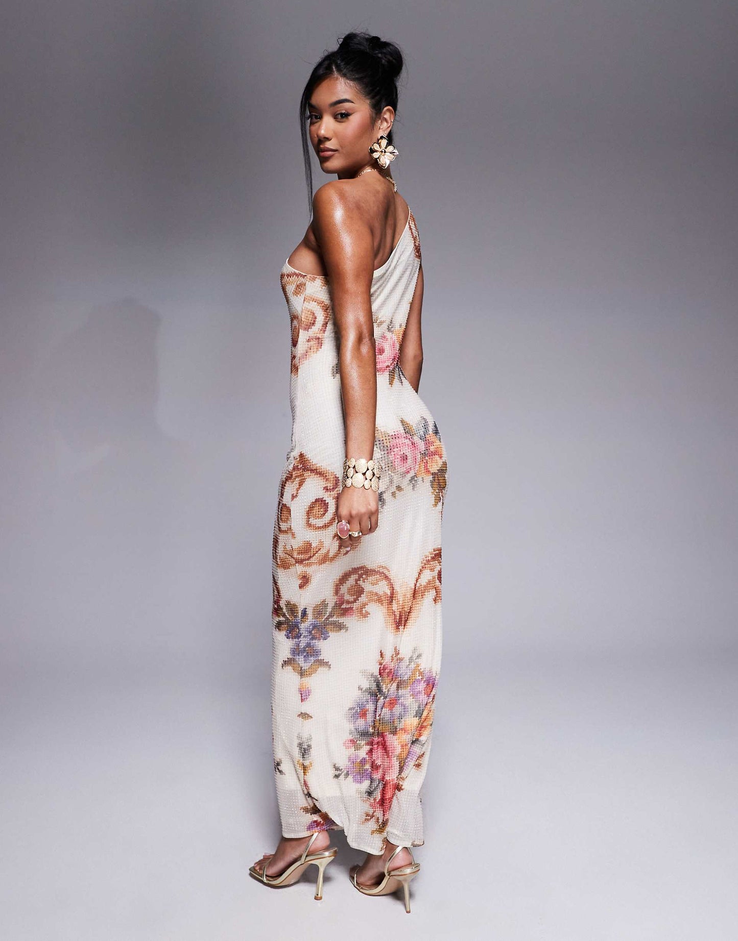 Hotfix Embellished One Shoulder Midi Dress