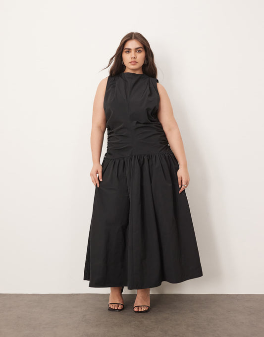 Curve Drop Waist Ruched Detail Funnel Neck Midaxi Dress