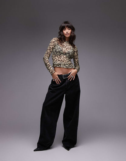Crinkle Blurred Abstract Print Long Sleeve Top