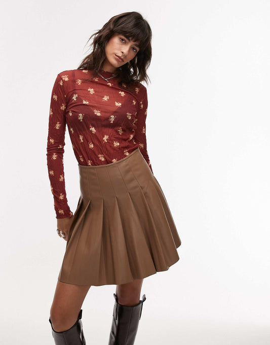 High Neck Crinkle Ditsy Print Long Sleeve Top