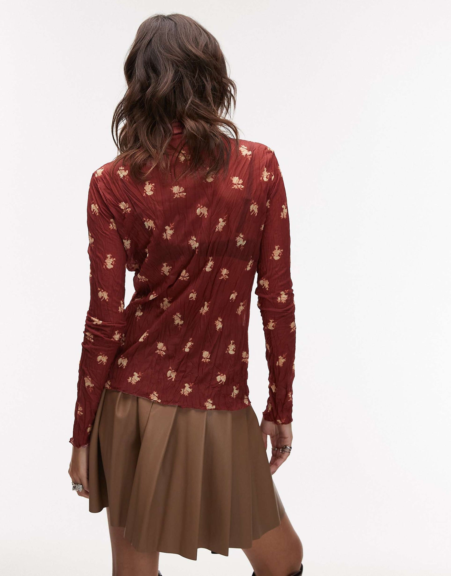 High Neck Crinkle Ditsy Print Long Sleeve Top