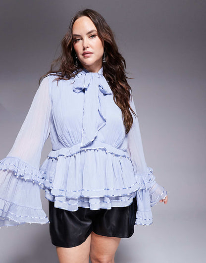 Curve Pearl Embellished Chiffon Exaggerated Blouse