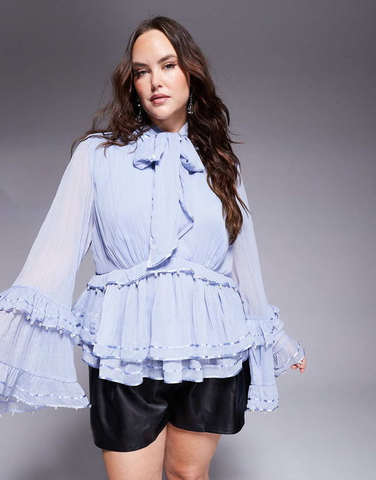 Curve Pearl Embellished Chiffon Exaggerated Blouse